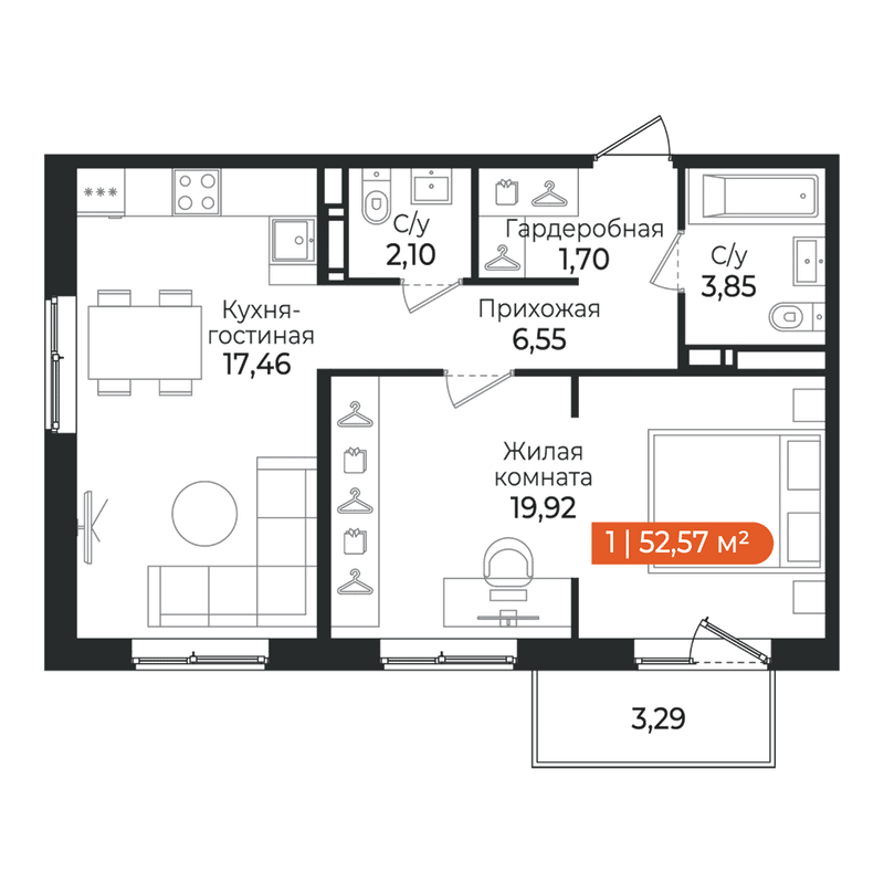 2-комнатная (Евро) квартира, 52.57 м² в ЖК "Алгоритм Квинта" - планировка, фото №1