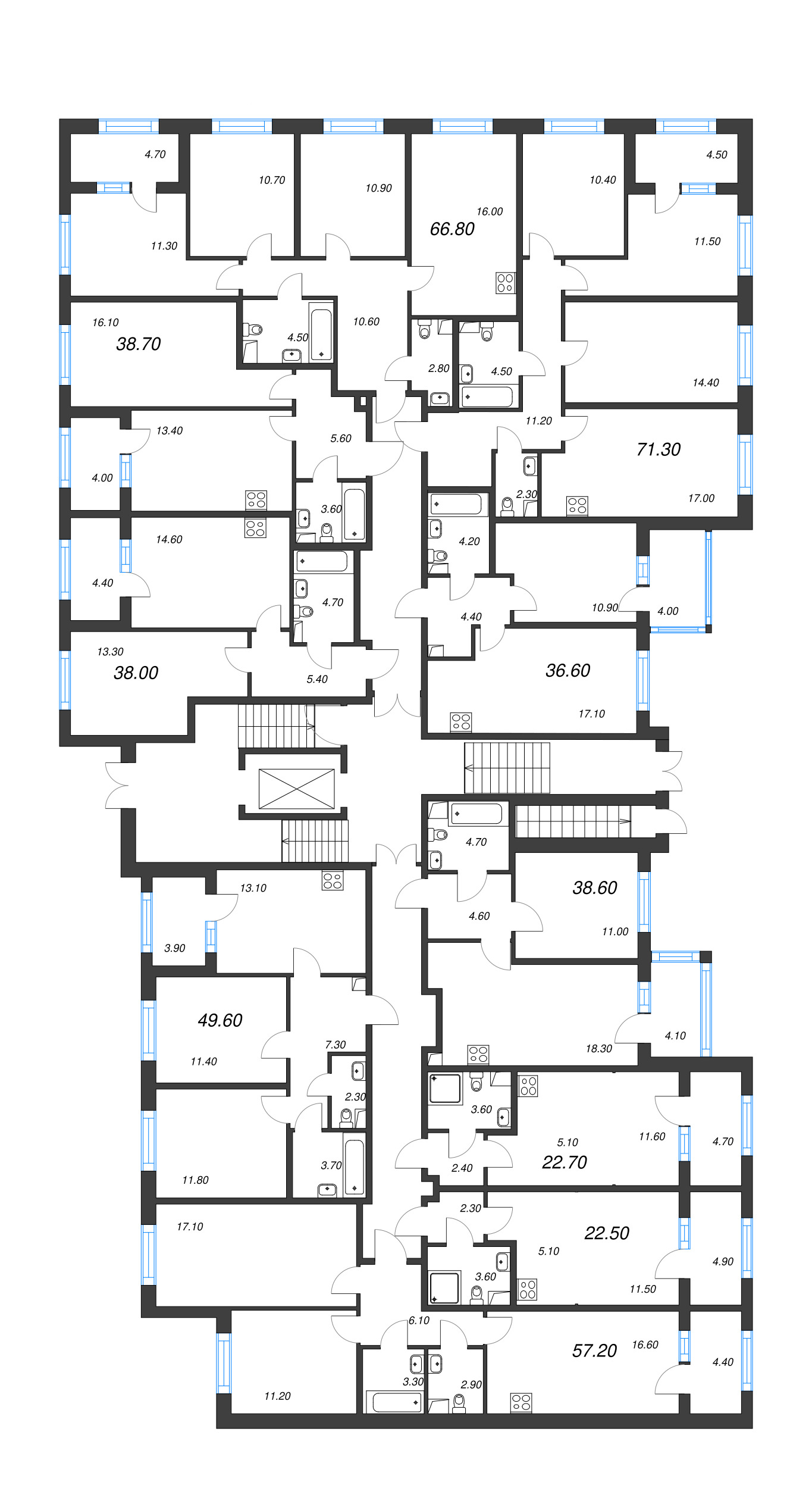3-комнатная (Евро) квартира, 57.2 м² - планировка этажа