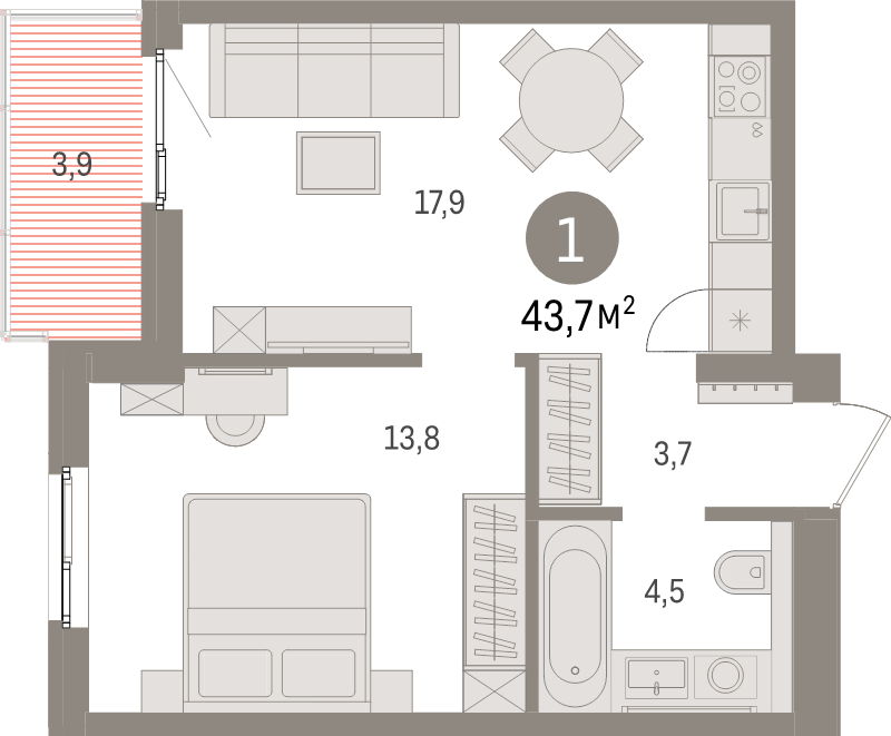 2-комнатная (Евро) квартира, 43.7 м² в ЖК "Брусника в Новоселье" - планировка, фото №1