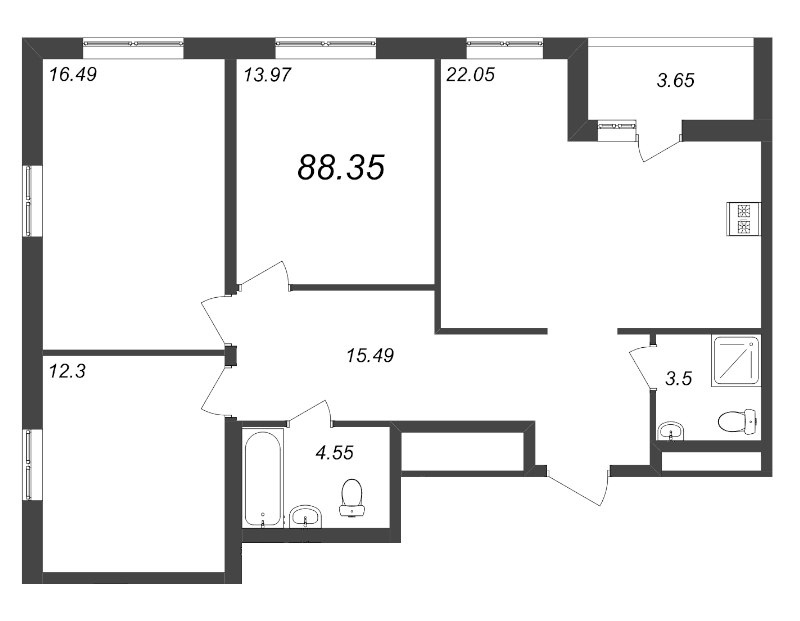 4-комнатная (Евро) квартира, 88.35 м² - планировка, фото №1