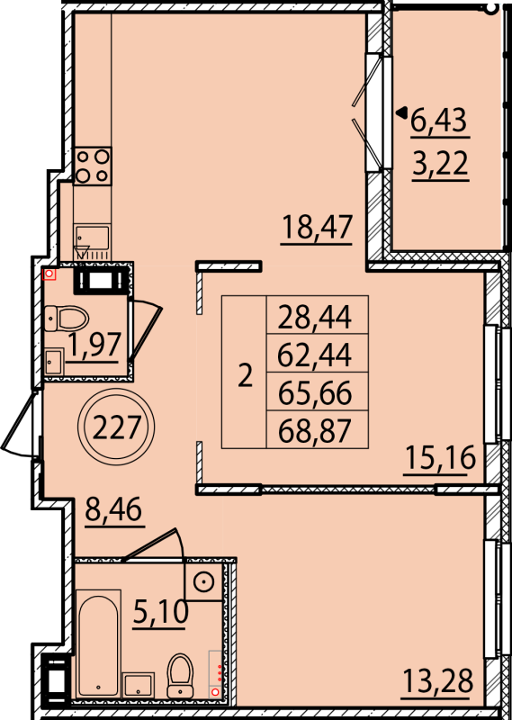3-комнатная (Евро) квартира, 62.44 м² - планировка, фото №1