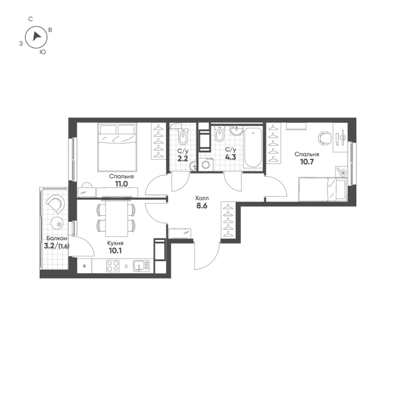 2-комнатная квартира, 48.5 м² в ЖК "Клюква.Парк" - планировка, фото №1