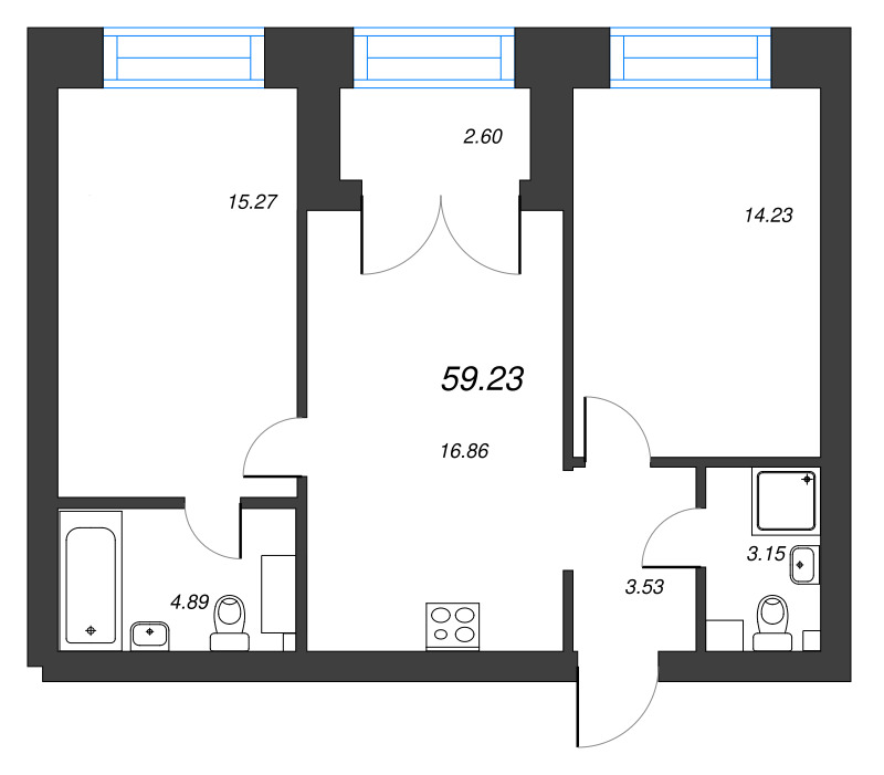 2-комнатная квартира, 59.23 м² - планировка, фото №1