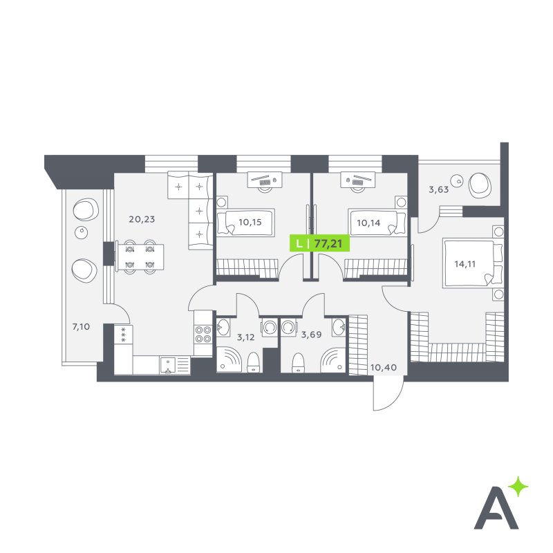 4-комнатная (Евро) квартира, 76.68 м² в ЖК "Аквилон Verba" - планировка, фото №1