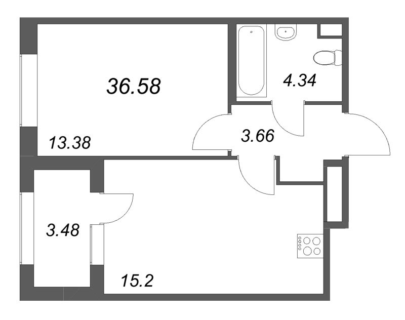 2-комнатная (Евро) квартира, 36.58 м² в ЖК "Дубровский" - планировка, фото №1