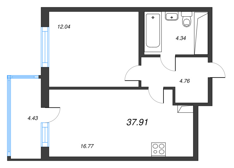 2-комнатная (Евро) квартира, 37.91 м² в ЖК "Ясно.Янино" - планировка, фото №1