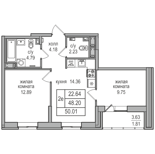 2-комнатная квартира, 49.8 м² в ЖК "Северная Долина" - планировка, фото №1