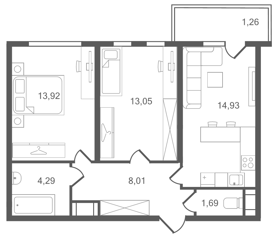 2-комнатная квартира, 58.05 м² в ЖК "Ювента" - планировка, фото №1