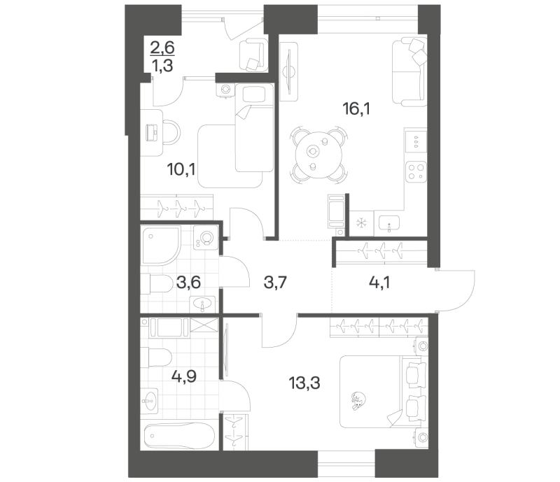 3-комнатная (Евро) квартира, 57.11 м² в ЖК "Новый Питер" - планировка, фото №1