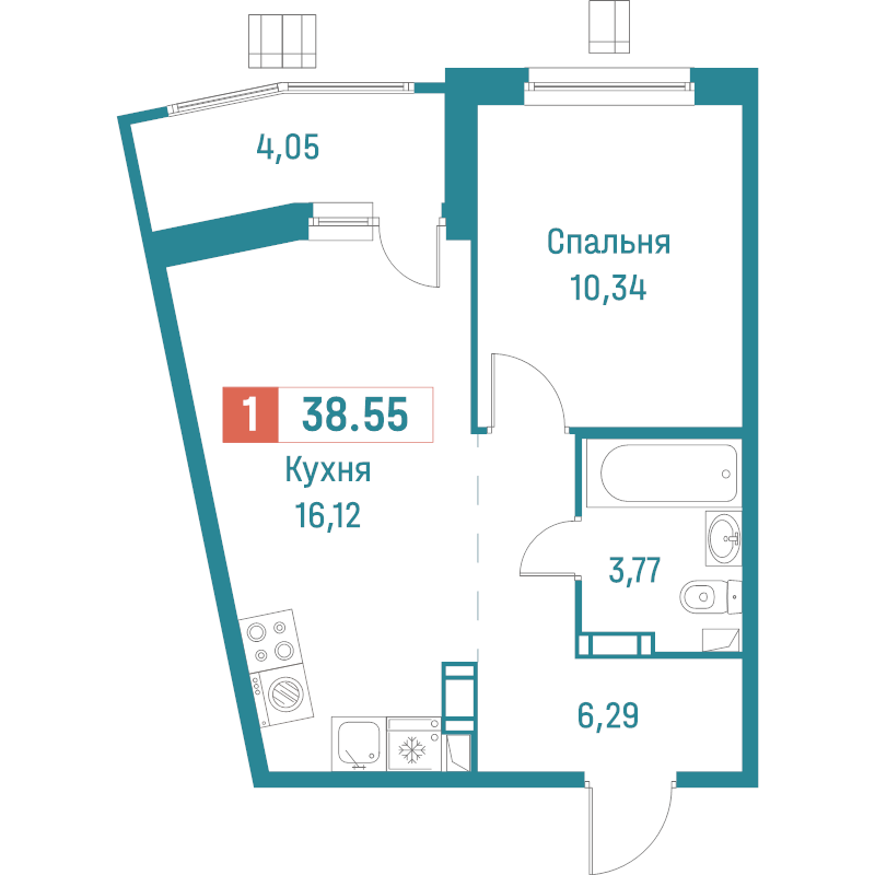 2-комнатная (Евро) квартира, 38.55 м² - планировка, фото №1