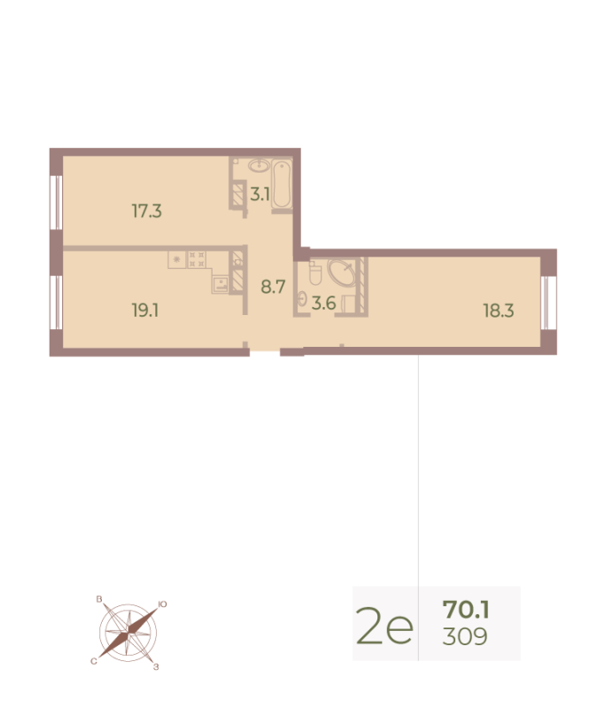 3-комнатная (Евро) квартира, 68.7 м² - планировка, фото №1