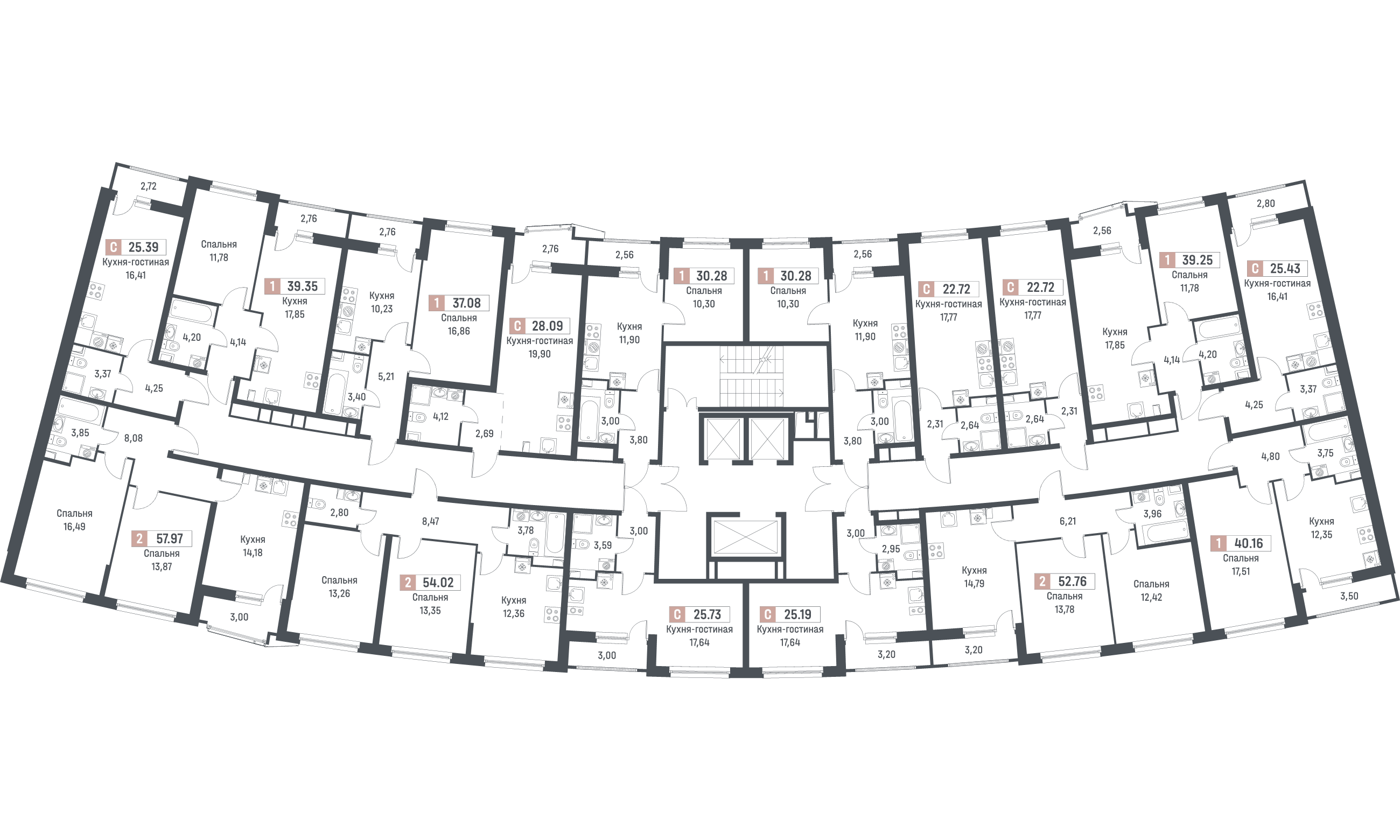 2-комнатная квартира, 54.02 м² в ЖК "Авиатор" - планировка этажа