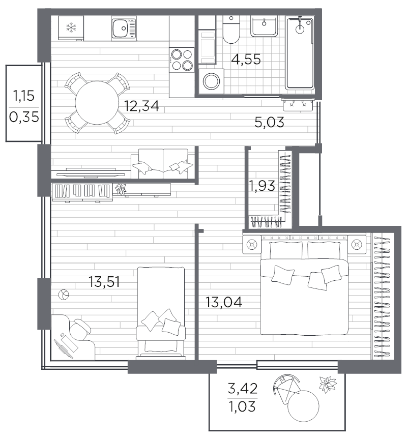 2-комнатная квартира, 51.77 м² в ЖК "PLUS Пулковский" - планировка, фото №1