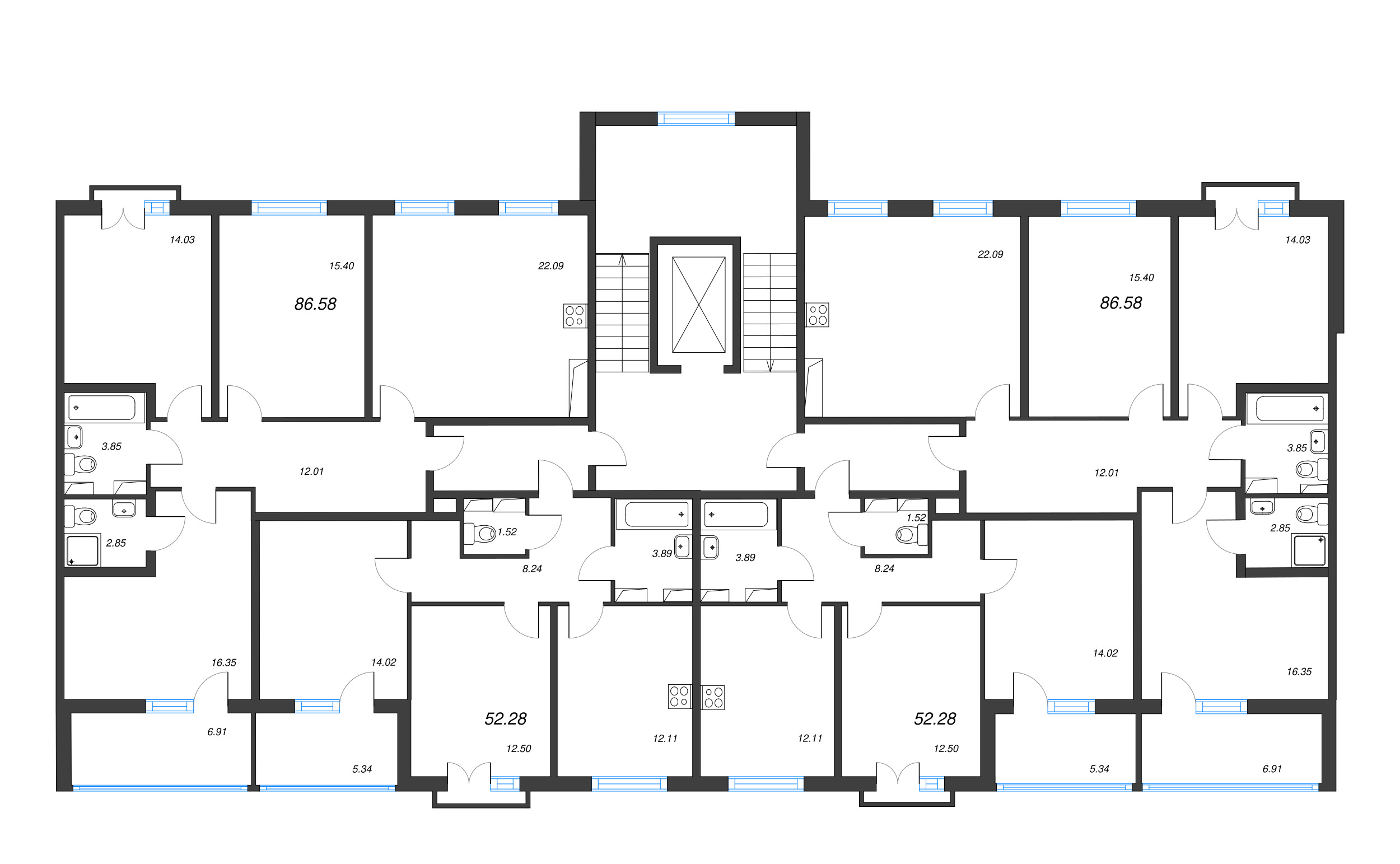 2-комнатная квартира, 52.28 м² в ЖК "Любоград" - планировка этажа