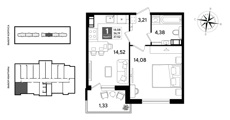 1-комнатная квартира, 37.52 м² - планировка, фото №1