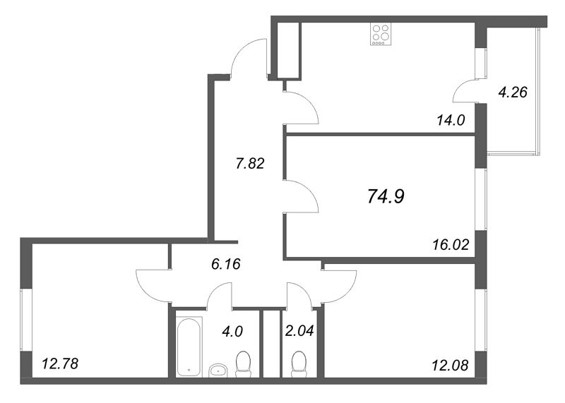 3-комнатная квартира, 74.9 м² - планировка, фото №1