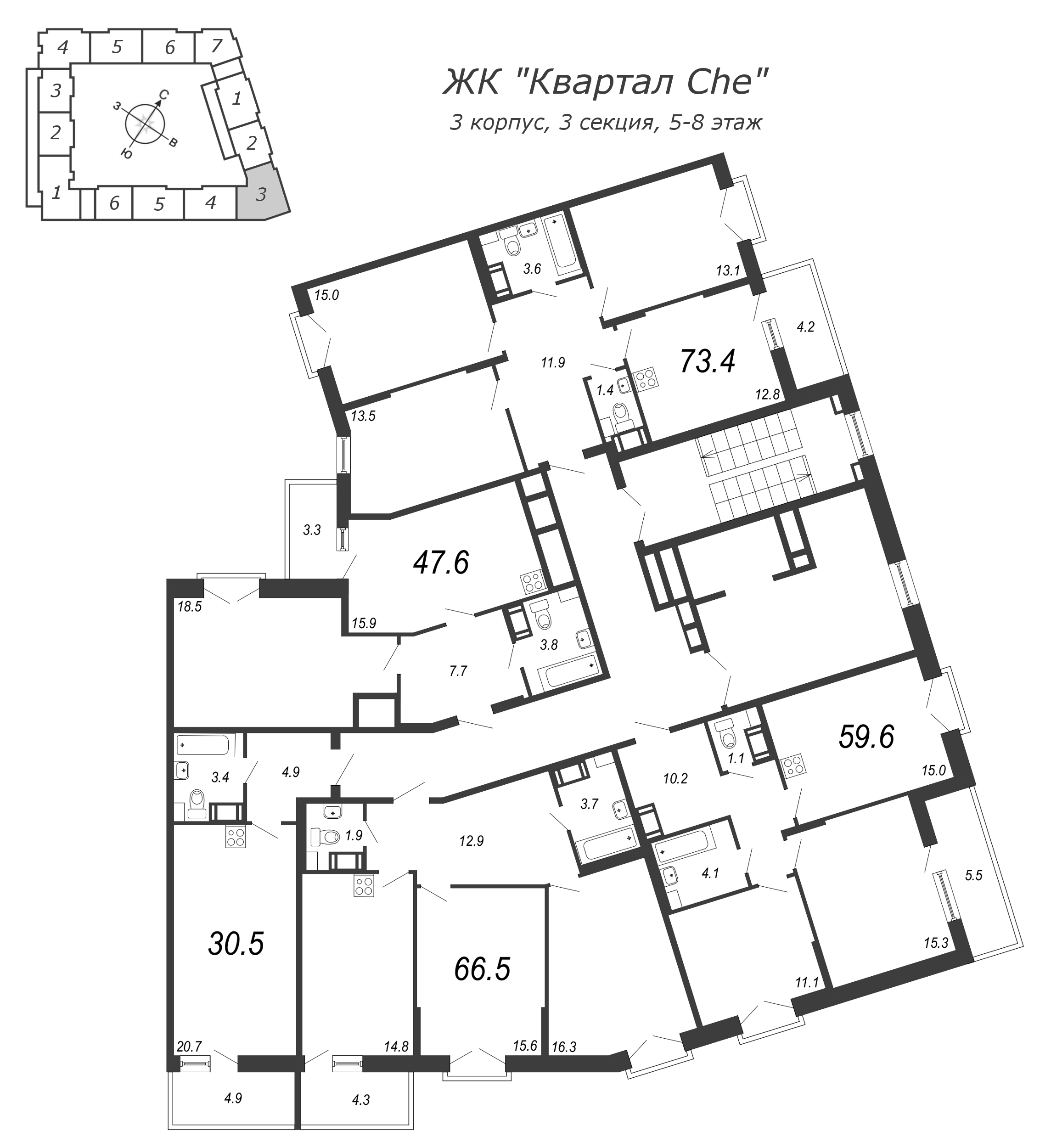 Квартира-студия, 31.4 м² в ЖК "Квартал Che" - планировка этажа