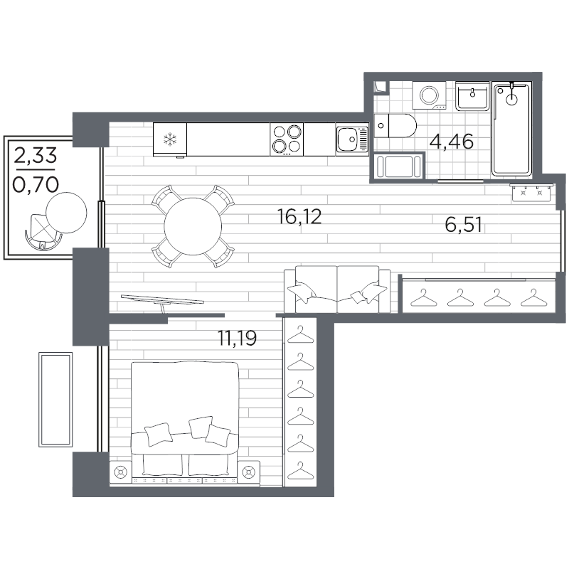 2-комнатная (Евро) квартира, 38.98 м² в ЖК "Respect" - планировка, фото №1