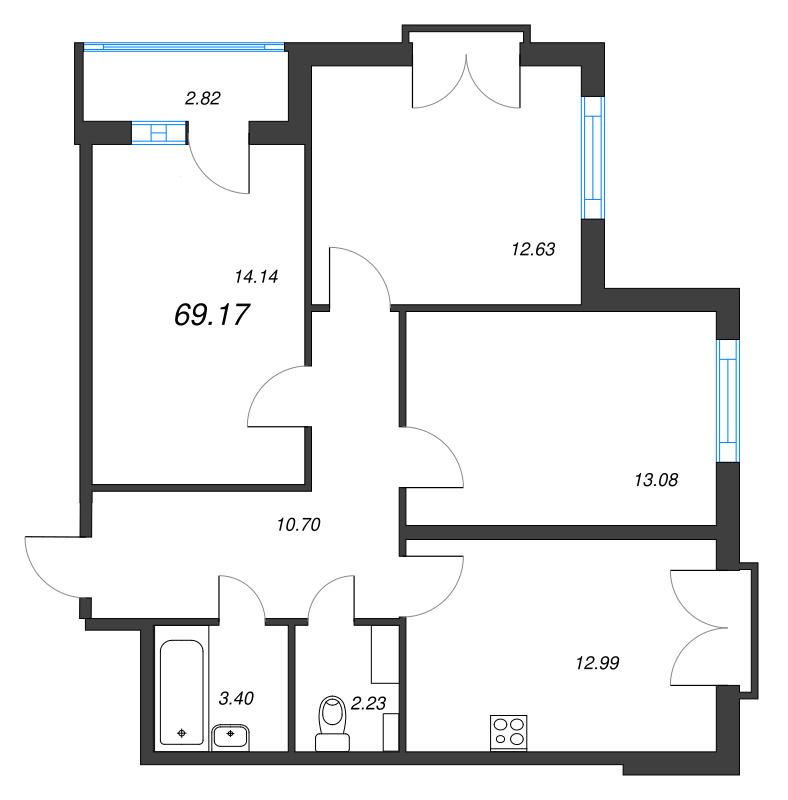 3-комнатная квартира, 69.17 м² - планировка, фото №1