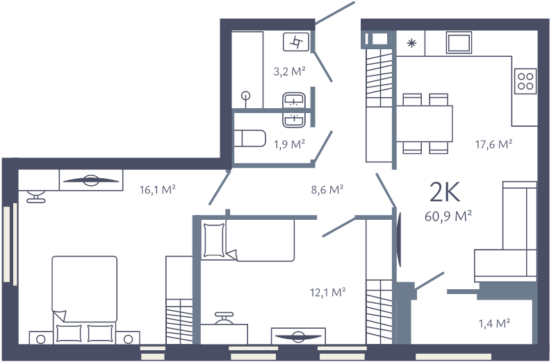 3-комнатная (Евро) квартира, 60.9 м² в ЖК "Лендлер" - планировка, фото №1