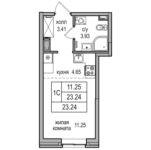 Квартира-студия, 23.7 м² в ЖК "Северная Долина" - планировка, фото №1