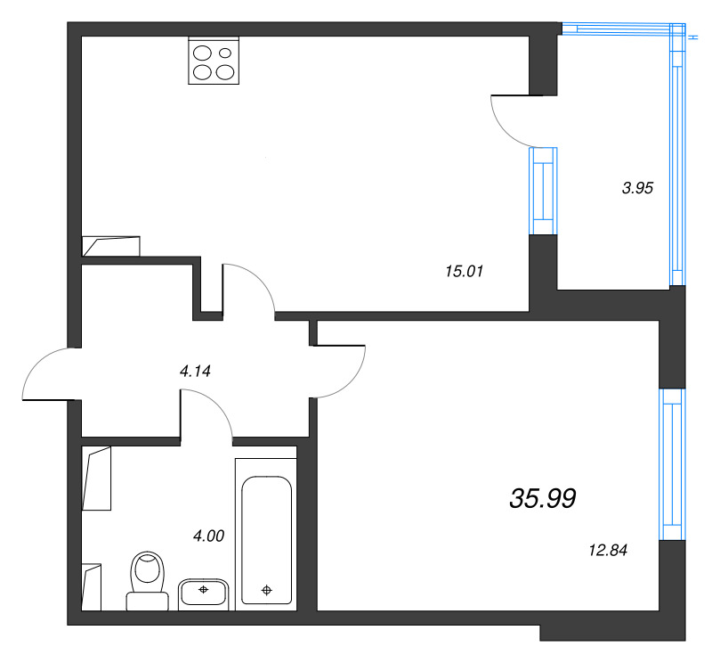 2-комнатная (Евро) квартира, 35.99 м² в ЖК "Любоград" - планировка, фото №1