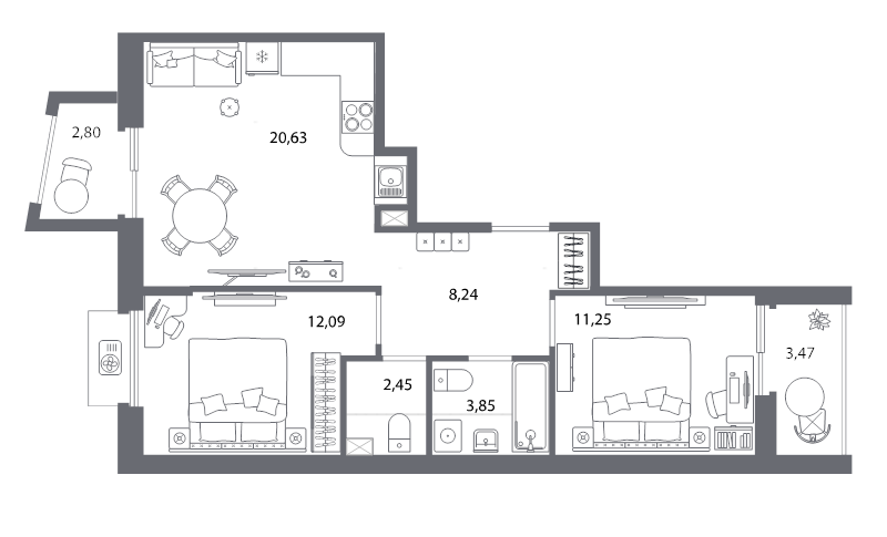 3-комнатная (Евро) квартира, 62.1 м² в ЖК "Респект" - планировка, фото №1