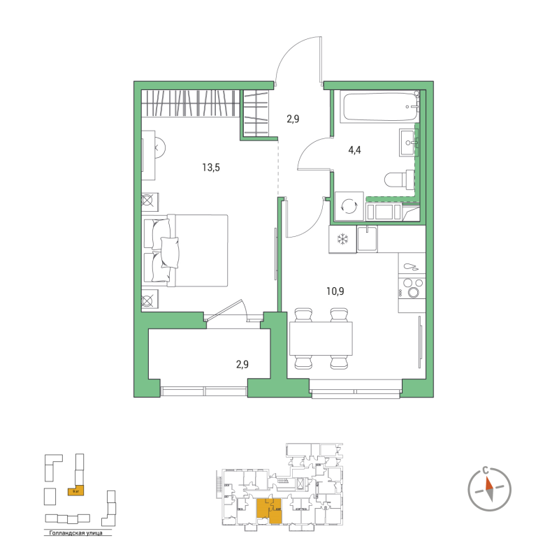 1-комнатная квартира, 33.2 м² в ЖК "Янила Форест" - планировка, фото №1