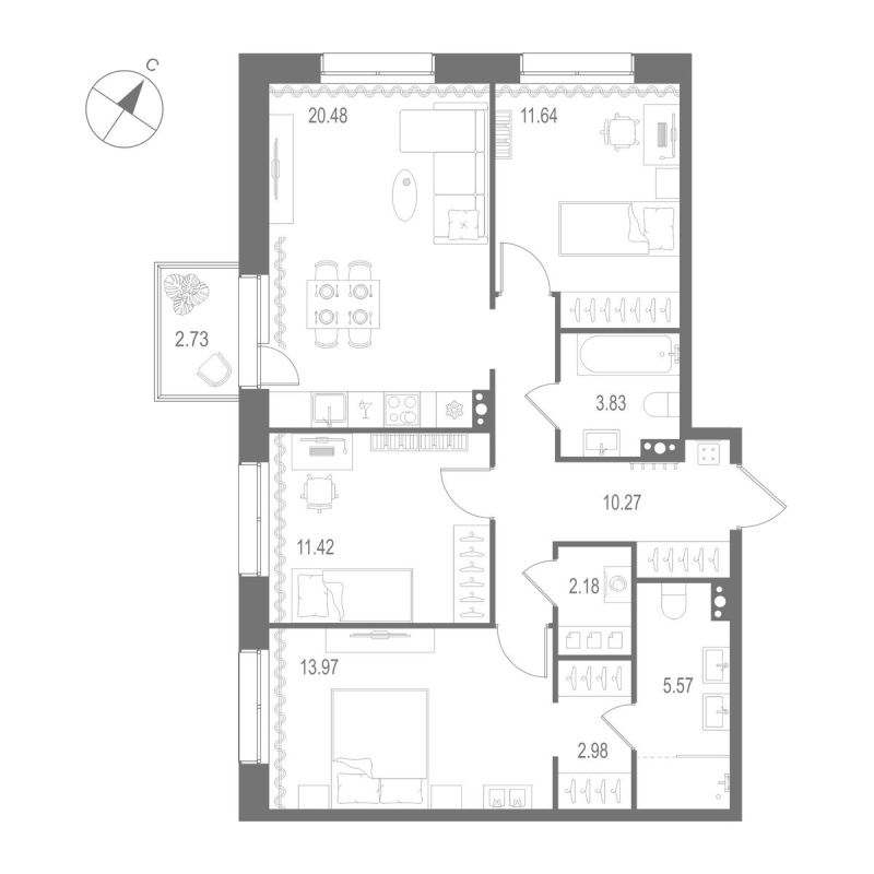 4-комнатная (Евро) квартира, 82.34 м² - планировка, фото №1