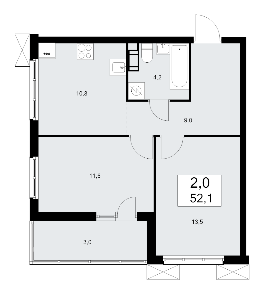 2-комнатная квартира, 52.1 м² в ЖК "А101 Лаголово" - планировка, фото №1
