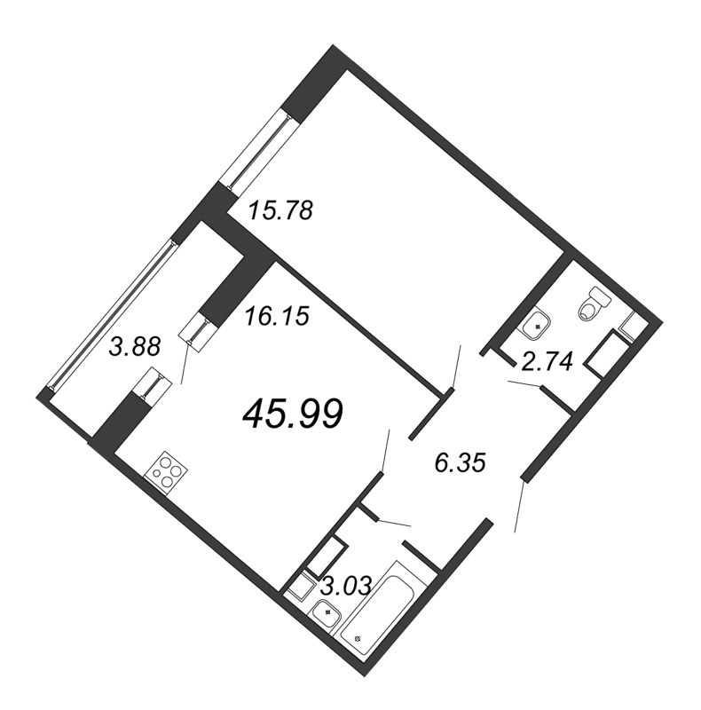 2-комнатная (Евро) квартира, 45.99 м² - планировка, фото №1