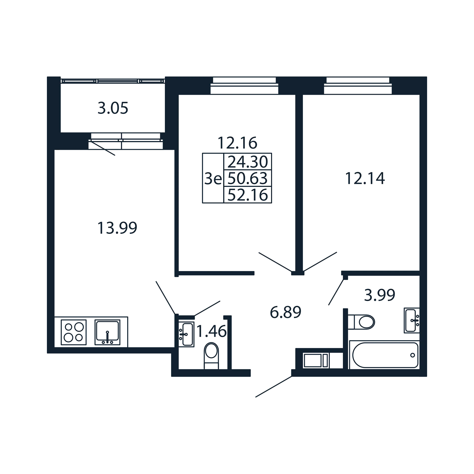 2-комнатная квартира, 50.63 м² в ЖК "Полис Новоселье" - планировка, фото №1