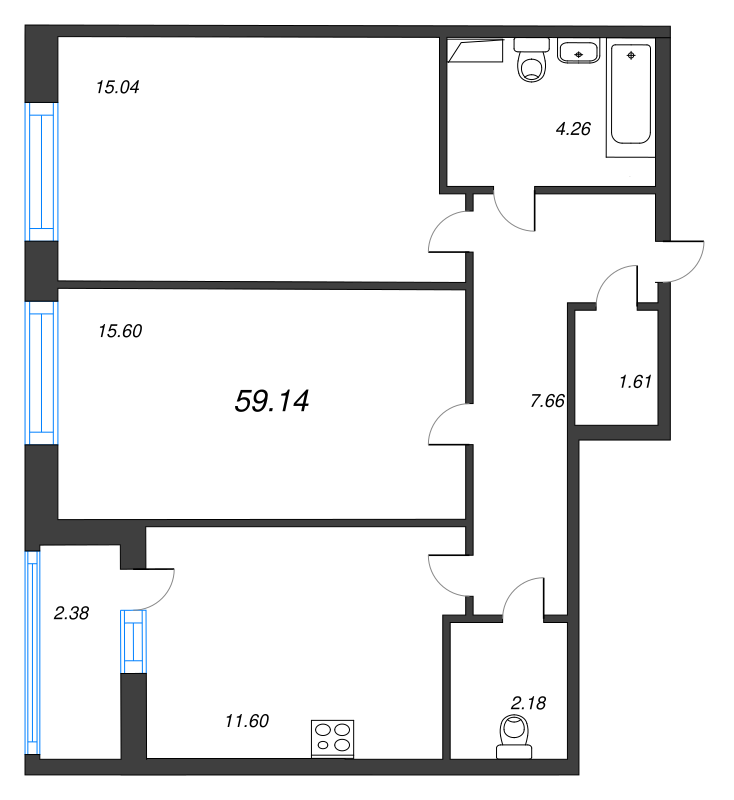 2-комнатная квартира, 59.14 м² в ЖК "Cube" - планировка, фото №1
