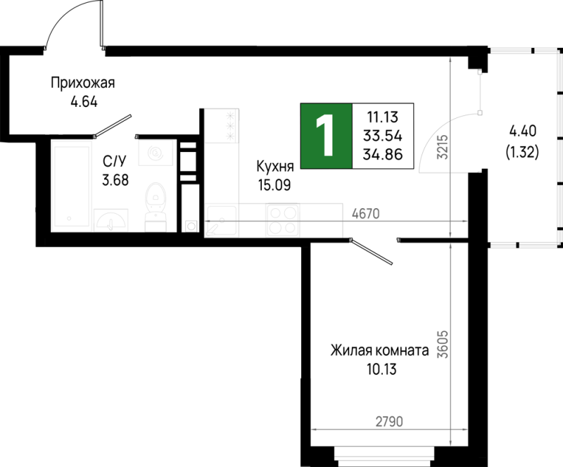2-комнатная (Евро) квартира, 34.86 м² в ЖК "Имена" - планировка, фото №1