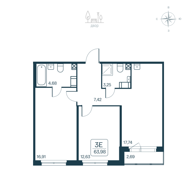 3-комнатная (Евро) квартира, 63.98 м² - планировка, фото №1