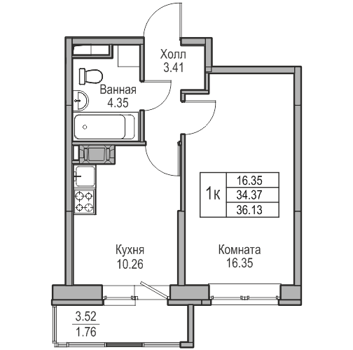 1-комнатная квартира, 36.13 м² в ЖК "Юнтолово" - планировка, фото №1
