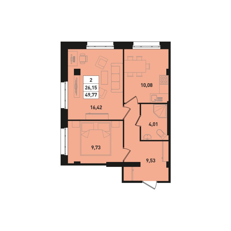 2-комнатная квартира, 49.77 м² в ЖК "Ромашки" - планировка, фото №1