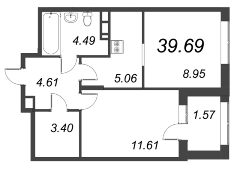 2-комнатная (Евро) квартира, 39.69 м² в ЖК "ВЕРЕН НОРТ сертолово" - планировка, фото №1