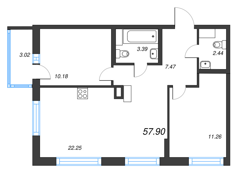 3-комнатная (Евро) квартира, 57.9 м² - планировка, фото №1