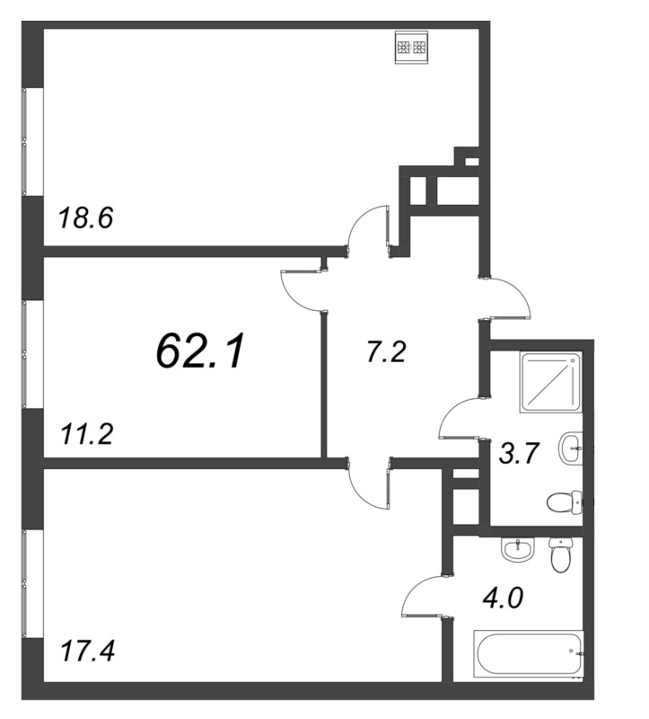 3-комнатная (Евро) квартира, 62.1 м² в ЖК "Парусная 1" - планировка, фото №1