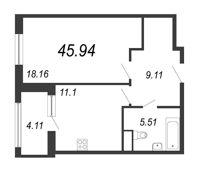 1-комнатная квартира, 46.4 м² - планировка, фото №1