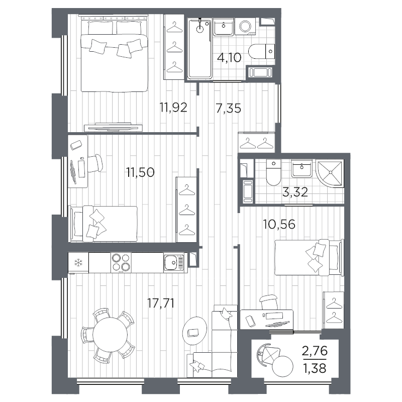 4-комнатная (Евро) квартира, 67.84 м² в ЖК "Оптимист" - планировка, фото №1