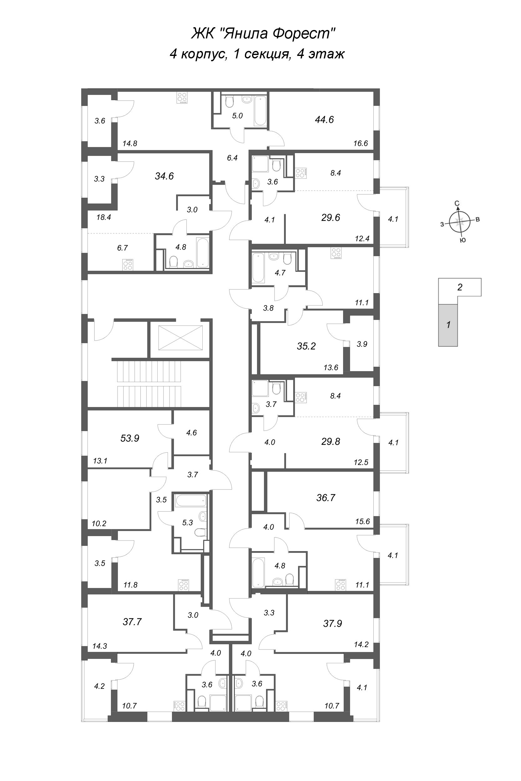 2-комнатная квартира, 53.9 м² в ЖК "Янила Форест" - планировка этажа