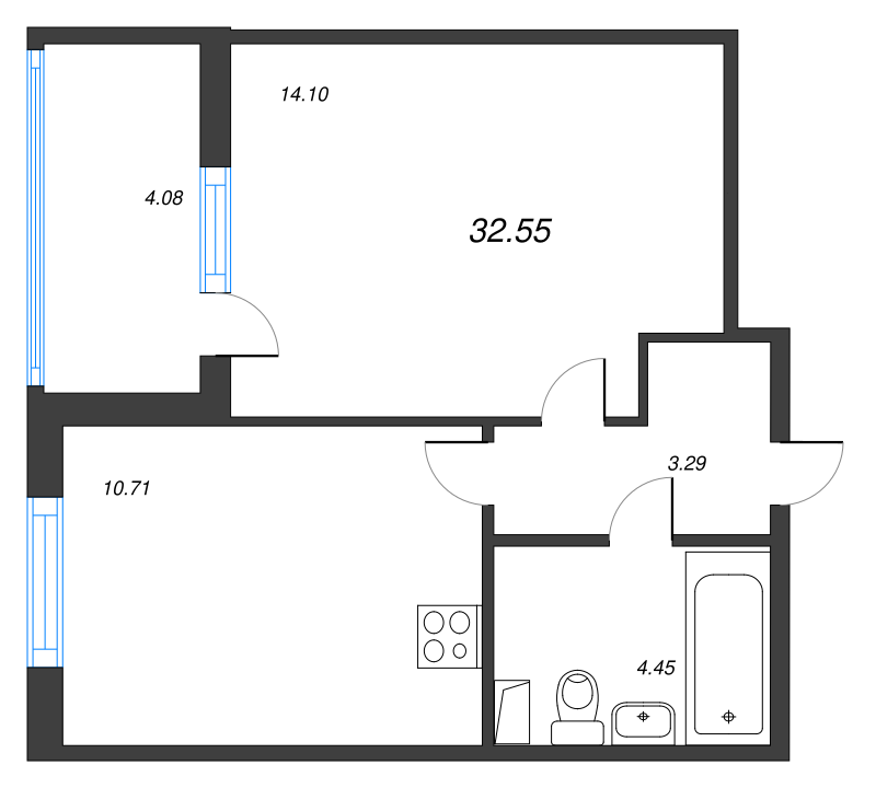 1-комнатная квартира, 32.55 м² - планировка, фото №1