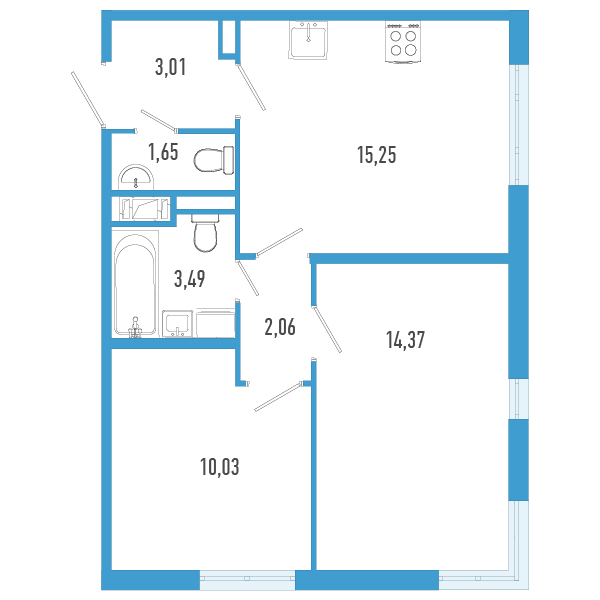 3-комнатная (Евро) квартира, 49.86 м² в ЖК "AEROCITY" - планировка, фото №1