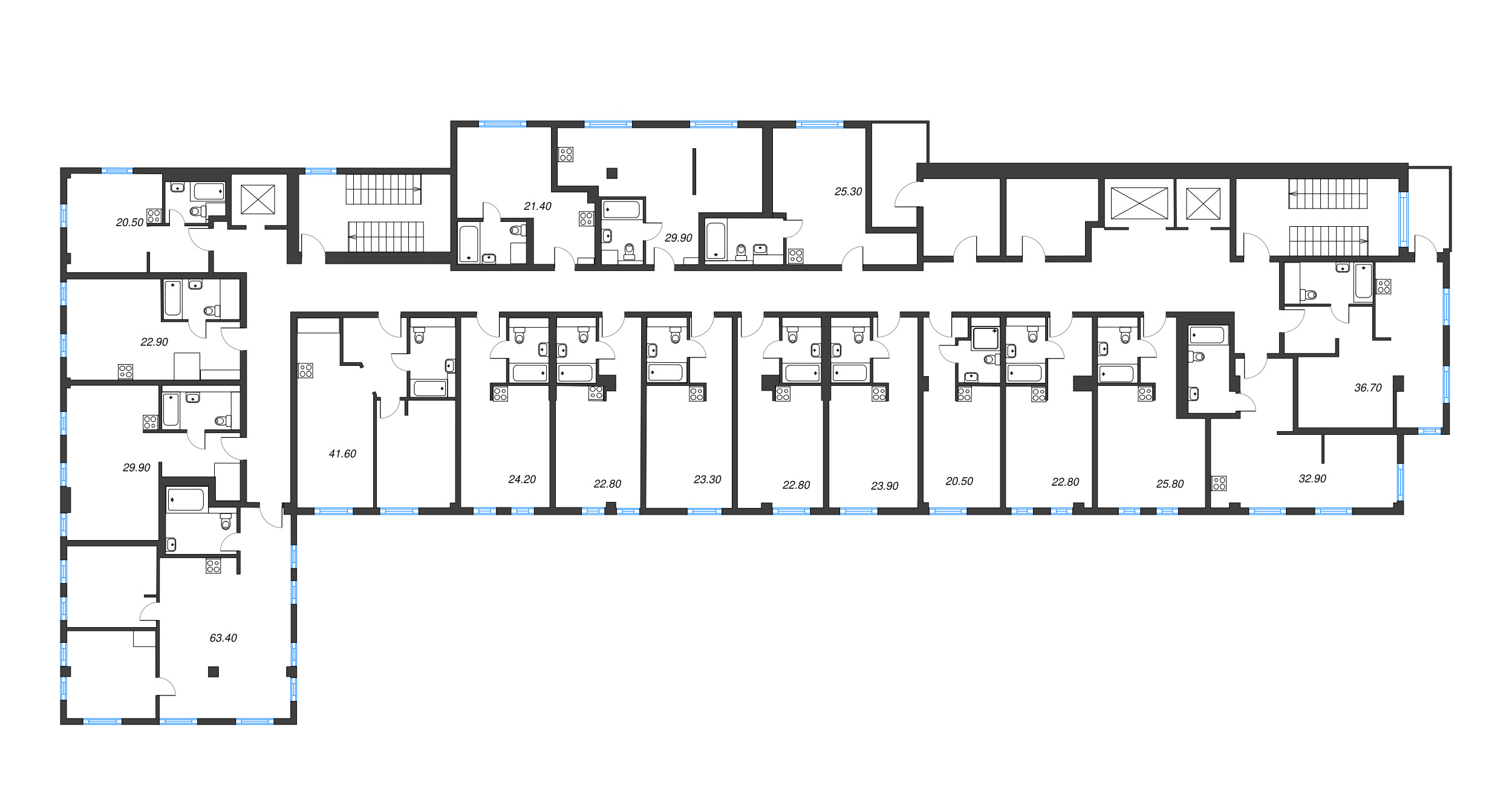 3-комнатная (Евро) квартира, 63.4 м² - планировка этажа