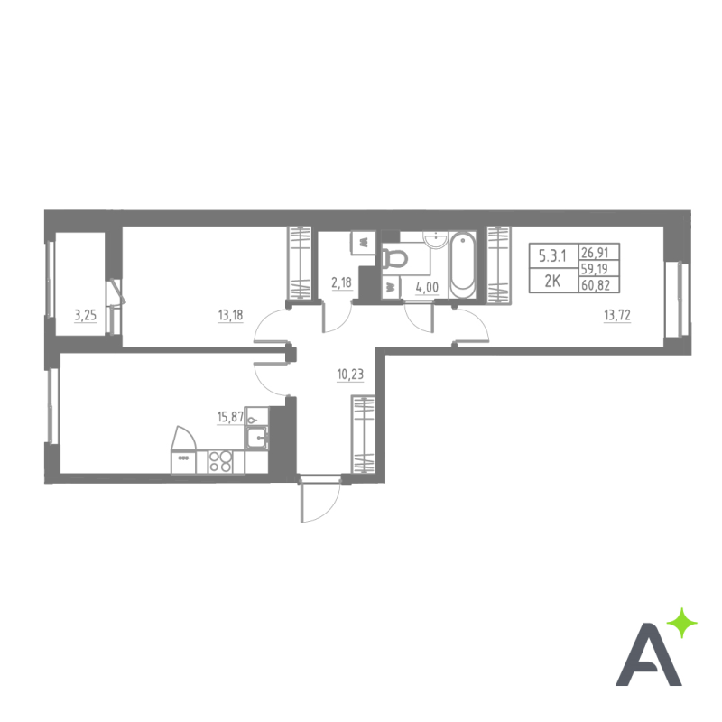3-комнатная (Евро) квартира, 60.82 м² в ЖК "Аквилон Solar" - планировка, фото №1