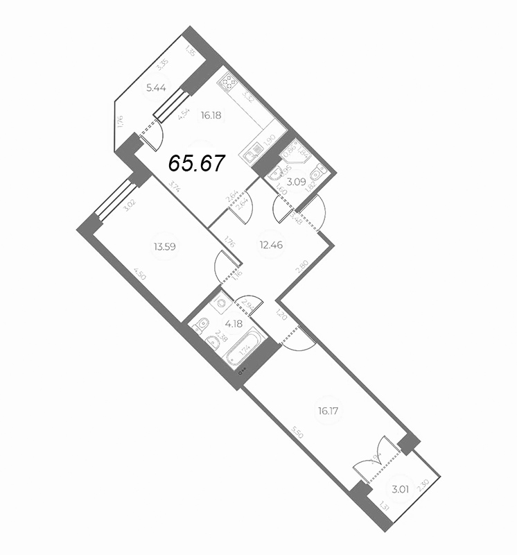 3-комнатная (Евро) квартира, 69.9 м² - планировка, фото №1