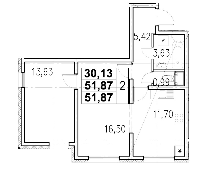 2-комнатная квартира, 52.3 м² в ЖК "Шуваловский" - планировка, фото №1