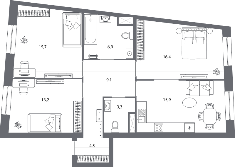 4-комнатная (Евро) квартира, 85 м² - планировка, фото №1